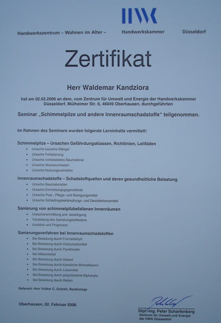 Zertifikat "Schimmelpilze und andere Innenraumschadstoffe" von Waldemar Kandziora