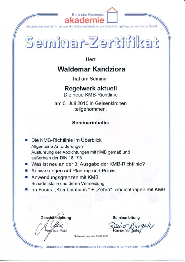 Seminar-Zertifikat "Regelwerk aktuell. Die neuen KMB-Richtlinien" von Waldemar Kandziora
