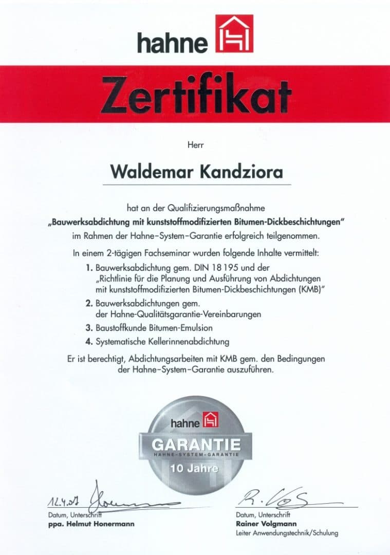 Zertifikat "Bauwerksabdichtung mit kunststoffmodifizierten Bitumen-Dickbeschichtungen" von Waldemar Kandziora