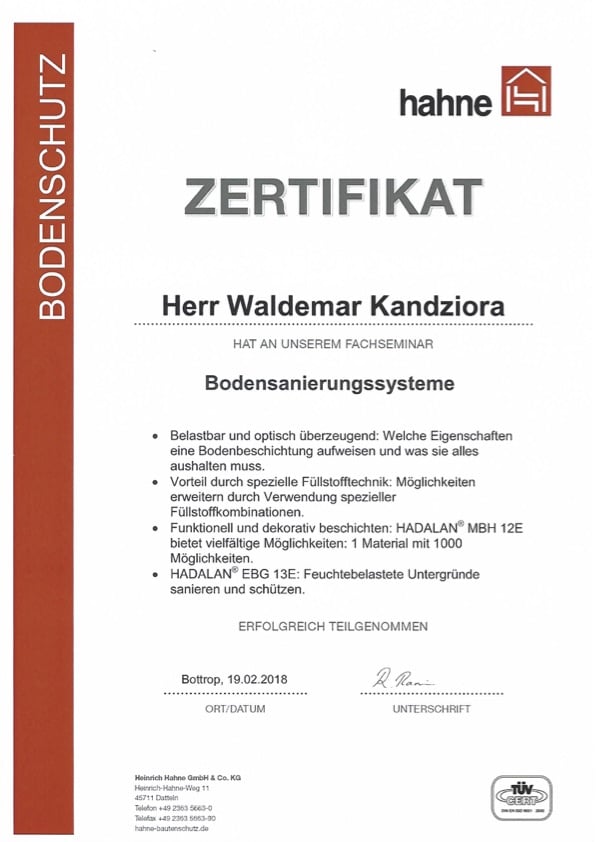 Seminar-Zertifikat "Bodensanierungssysteme" von Waldemar Kandziora