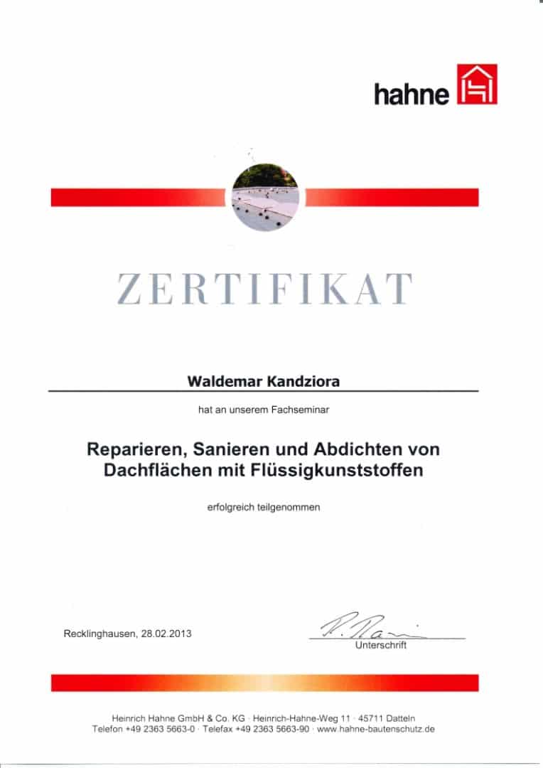 Zertifikat Fachseminar "Reparieren, Sanieren und Abdichten von Dachflächen mit Flüssigkunststoffen" von Waldemar Kandziora