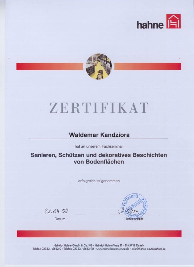 Zertifikat "Sanieren, Schützen und dekoratives Beschichten von Bodenflächen" von Waldemar Kandziora